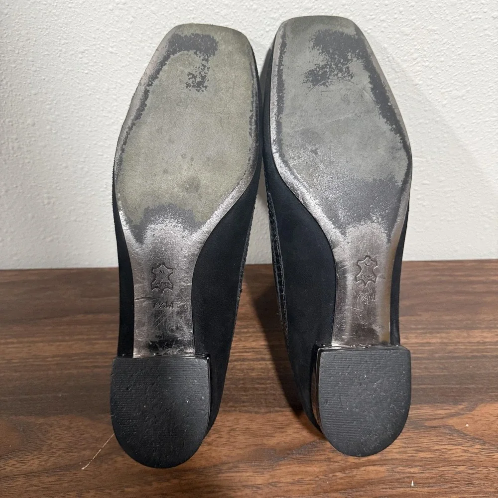 Tory Burch Logo Ballet Flat Shoes Black Suede Square Toe‎ Medallion Women's 7.5